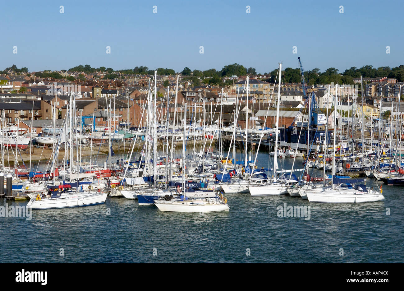 View towards yacht moorings and Cowes Yacht Haven on the Isle of Wight in Hampshire England UK Stock Photo
