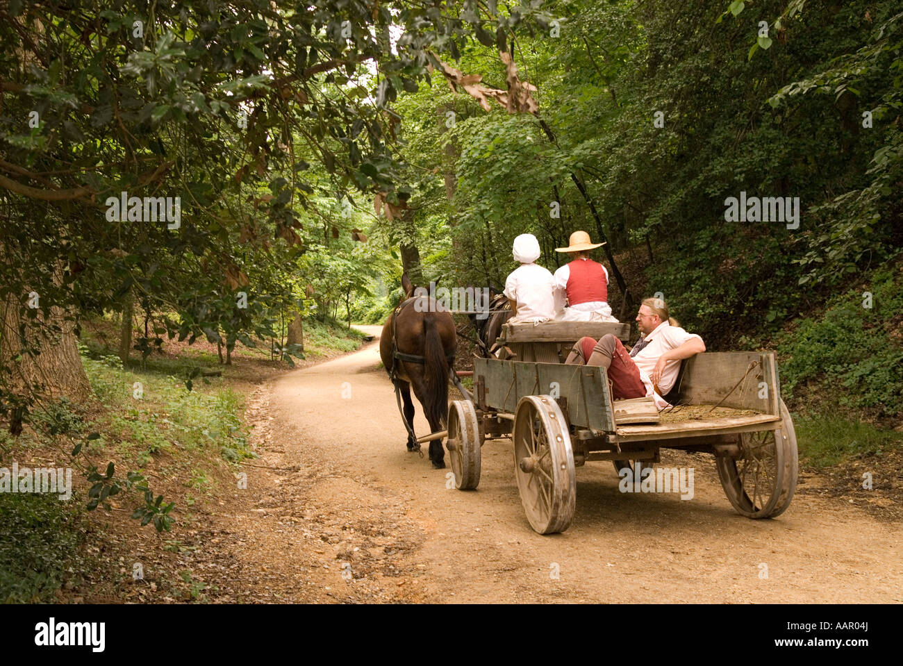 Colonials Ride in Horse and Wagon Down Dirt Road at Mount Vernon