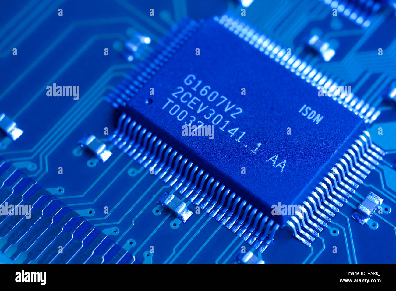 Computer micro chips on a printed circuit board Stock Photo