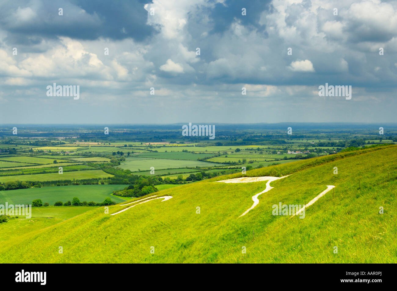 View over the Vale of White Horse and the Uffington White Horse from Whitehorse Hill in Oxfordshire, England. Stock Photo