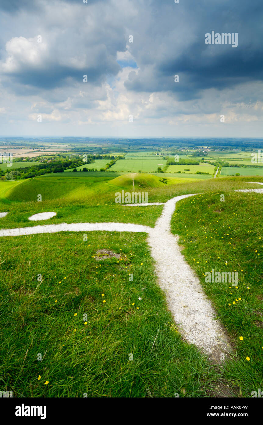 View over the Vale of White Horse, the Uffington White Horse and Dragon Hill from Whitehorse Hill in Oxfordshire, England. Stock Photo