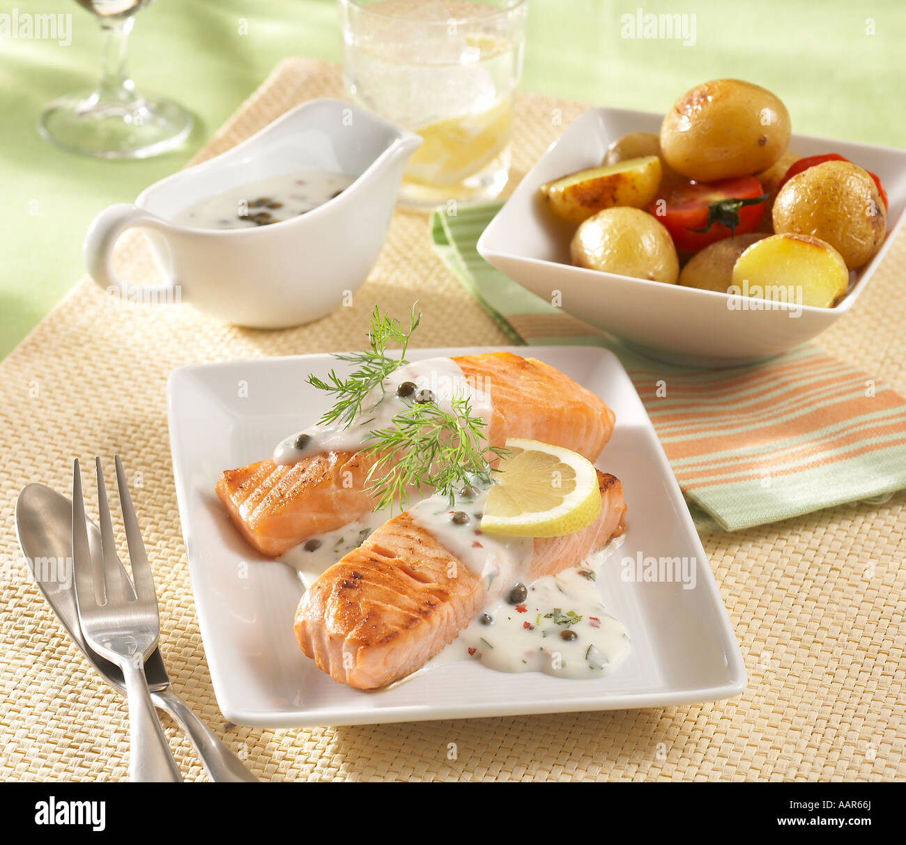 Baked Salmon with Pepper Sauce and Tarragon Stock Photo - Alamy