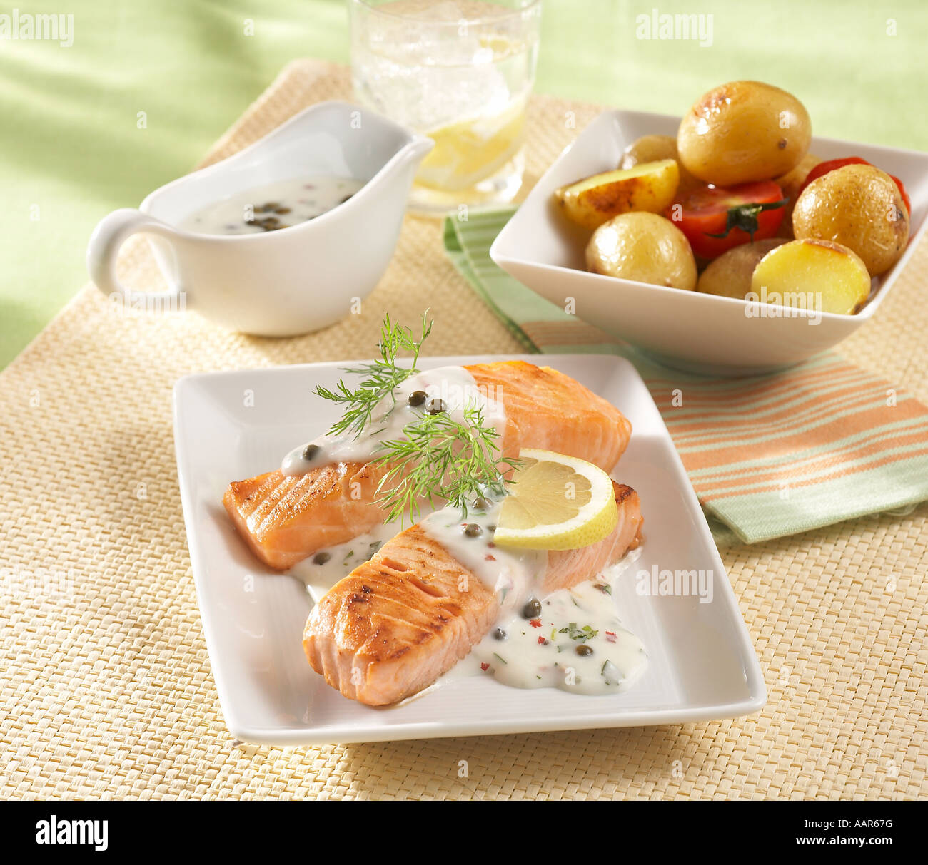 Baked Salmon with Pepper Sauce and Tarragon Stock Photo Alamy