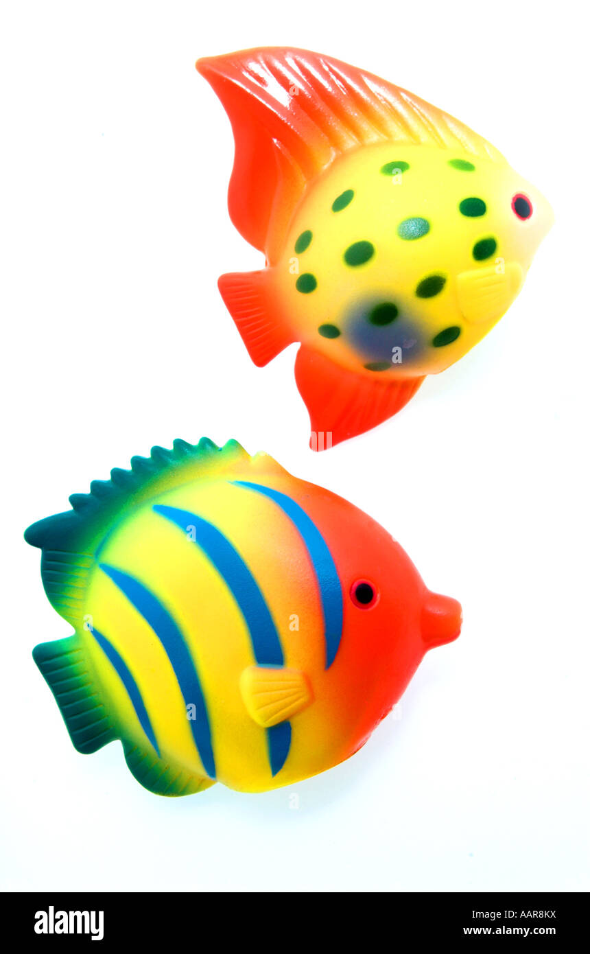 two colorful toy rainbow fish white background Stock Photo