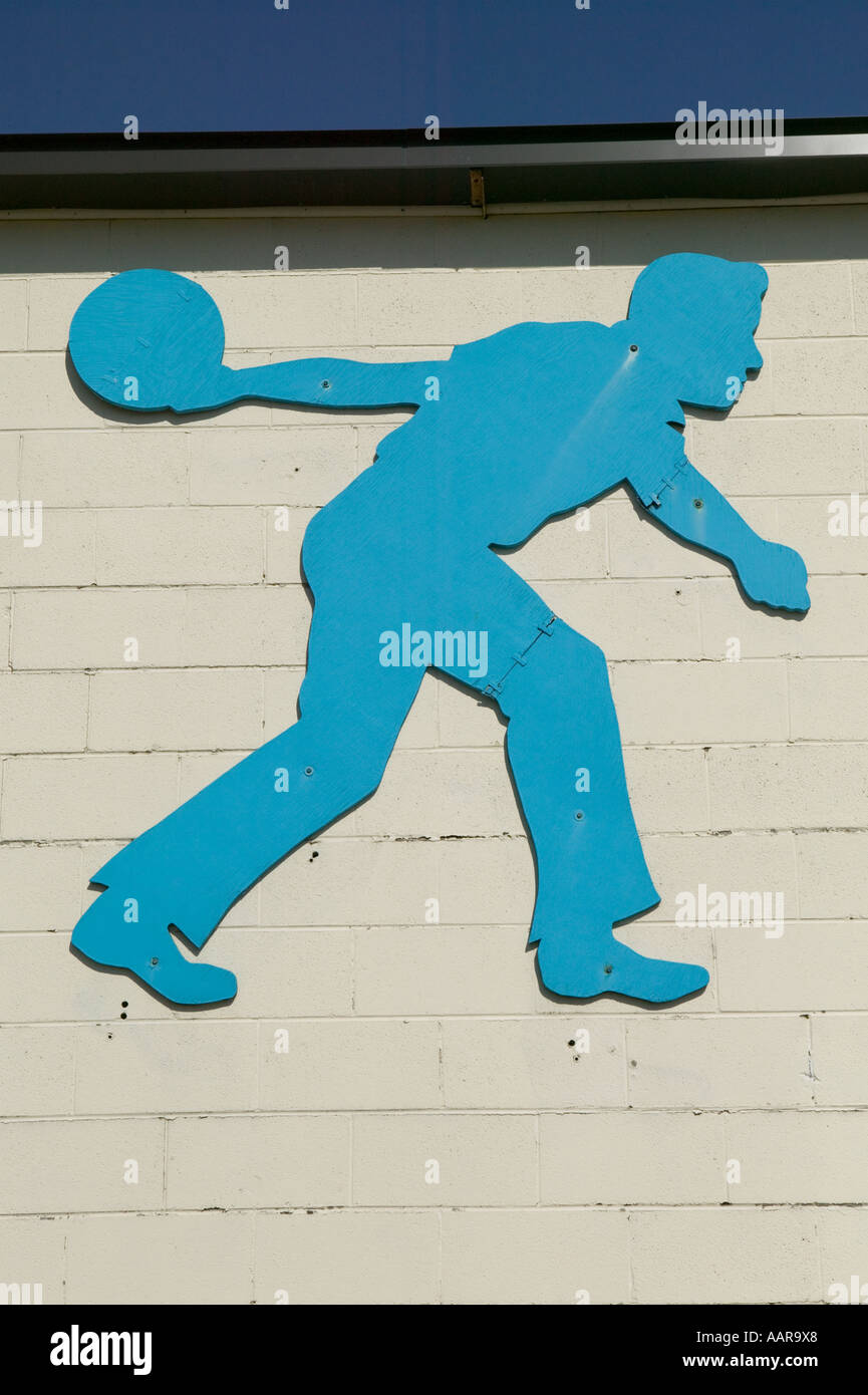 Blue wood male figure cutout silhouette profile at bowling alley Ilion New York Stock Photo