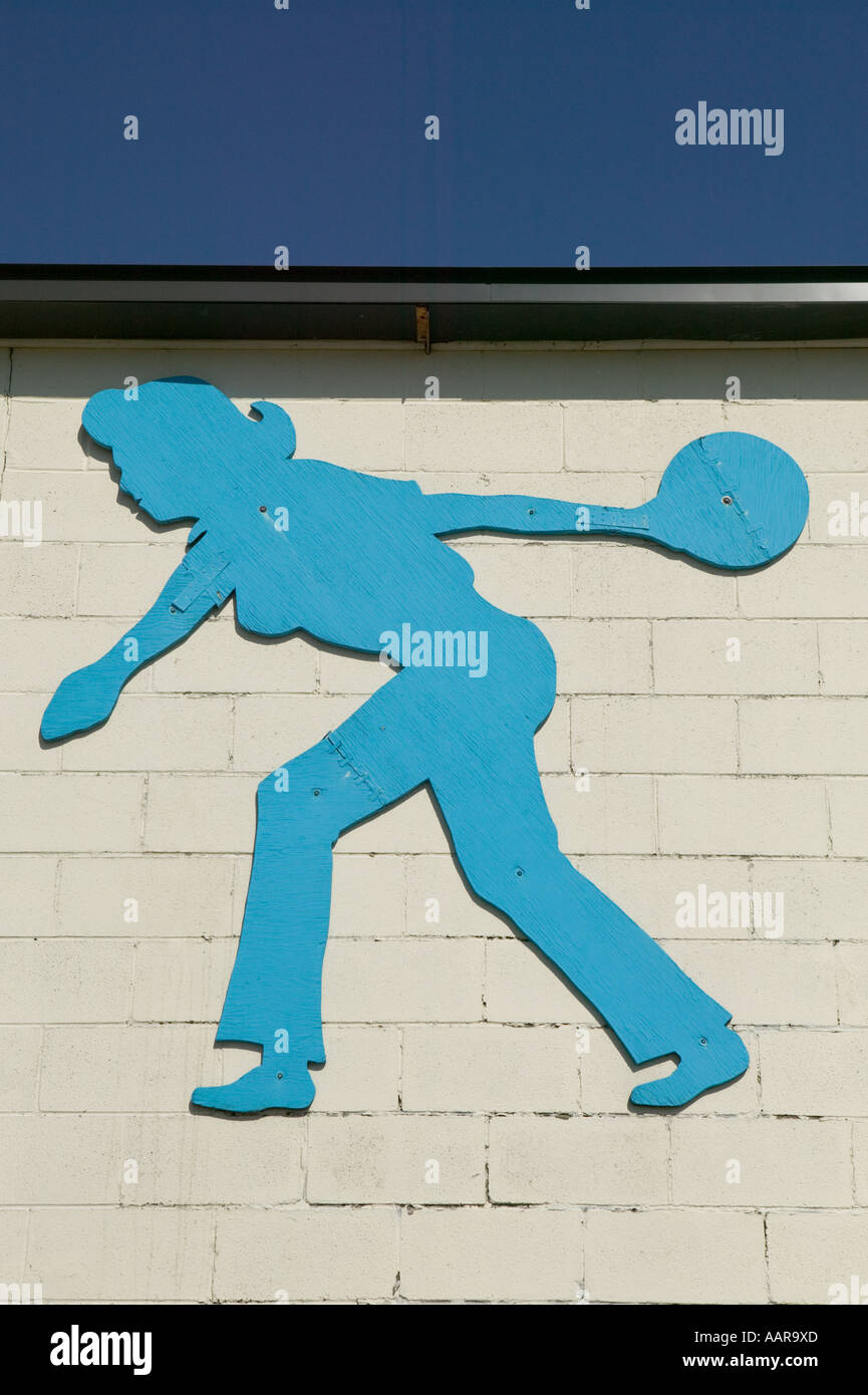 Blue wood female figure cutout silhouette profile at bowling alley Ilion New York Stock Photo