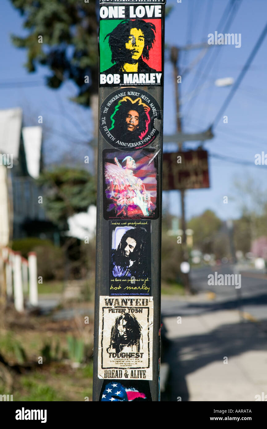 Rock Reggae music posters Woodstock New York for Bob Marley Peter Tosh Jimi Hendrix Stock Photo