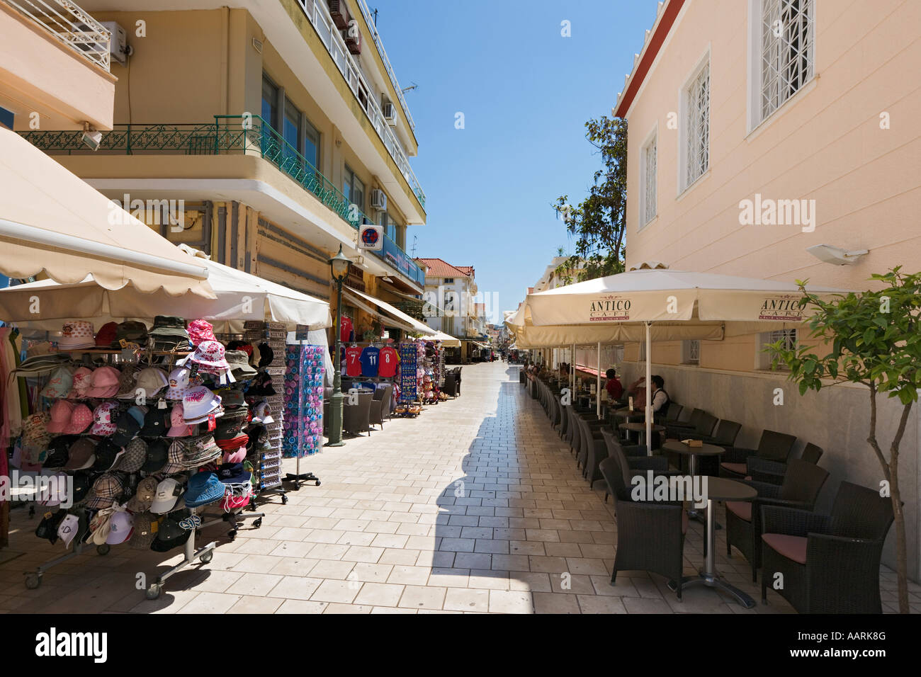 Shops and Cafe on Lithostroto, Argostoli, Kefalonia, Ionian Islands, Greece Stock Photo