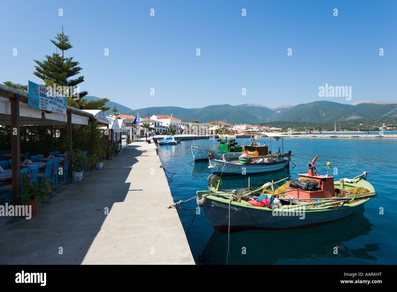 Seafront Taverna and Fishing Boats Promenade, Sami, Kefalonia, Ionian Islands, Greece Stock Photo
