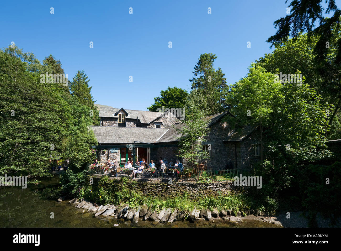 Cafe beside River Rothay, Grasmere, Lake District, Cumbria, England, UK Stock Photo