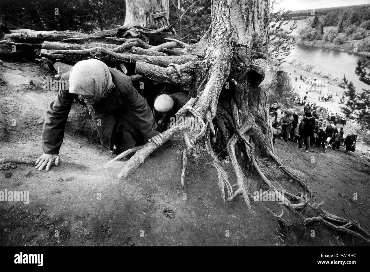Pilgrims crawl through the roots of a tree at the end of a 3 day pilgrimage without sleep for a miracle Stock Photo