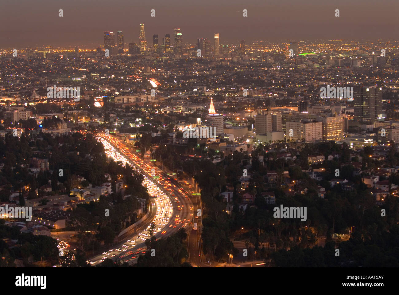 Los Angeles at night from Mulholland Drive, Downtown in background, 101 Freeway in foreground