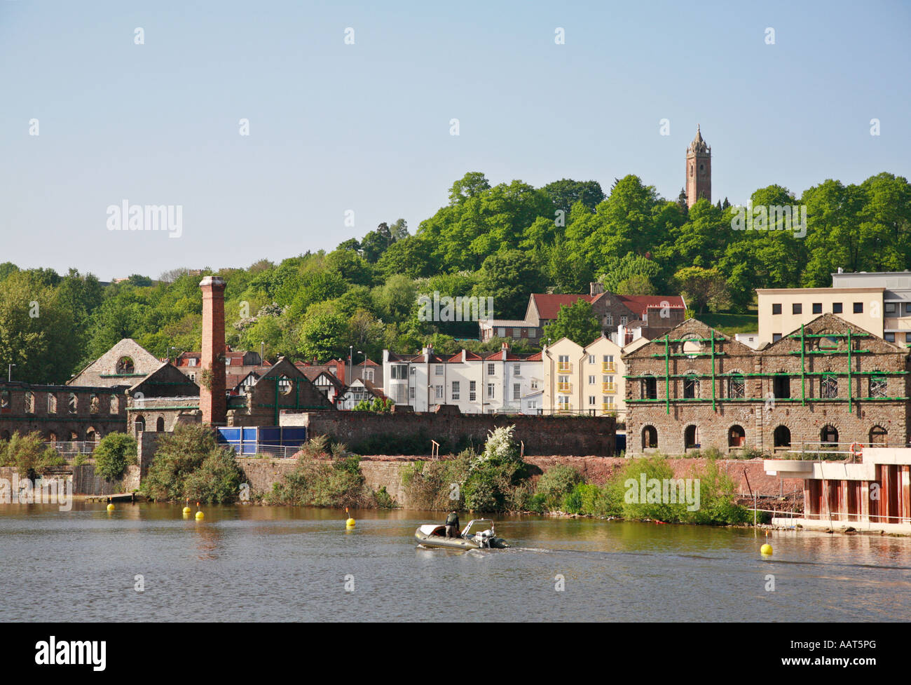 Riverside view from SS Great Britain of floating harbour Brandon Hill and Cabot Tower Bristol UK Stock Photo