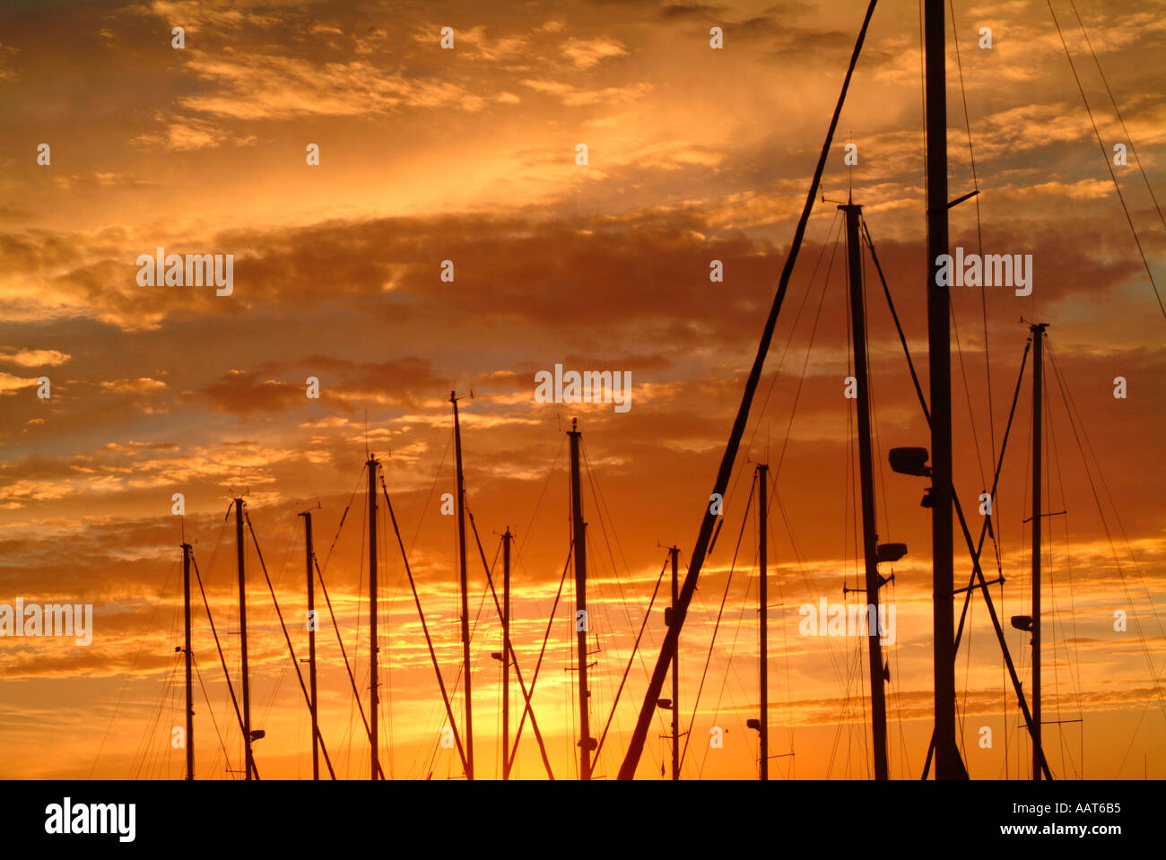 many sailboat masts against a colorful red orange sunset Stock Photo