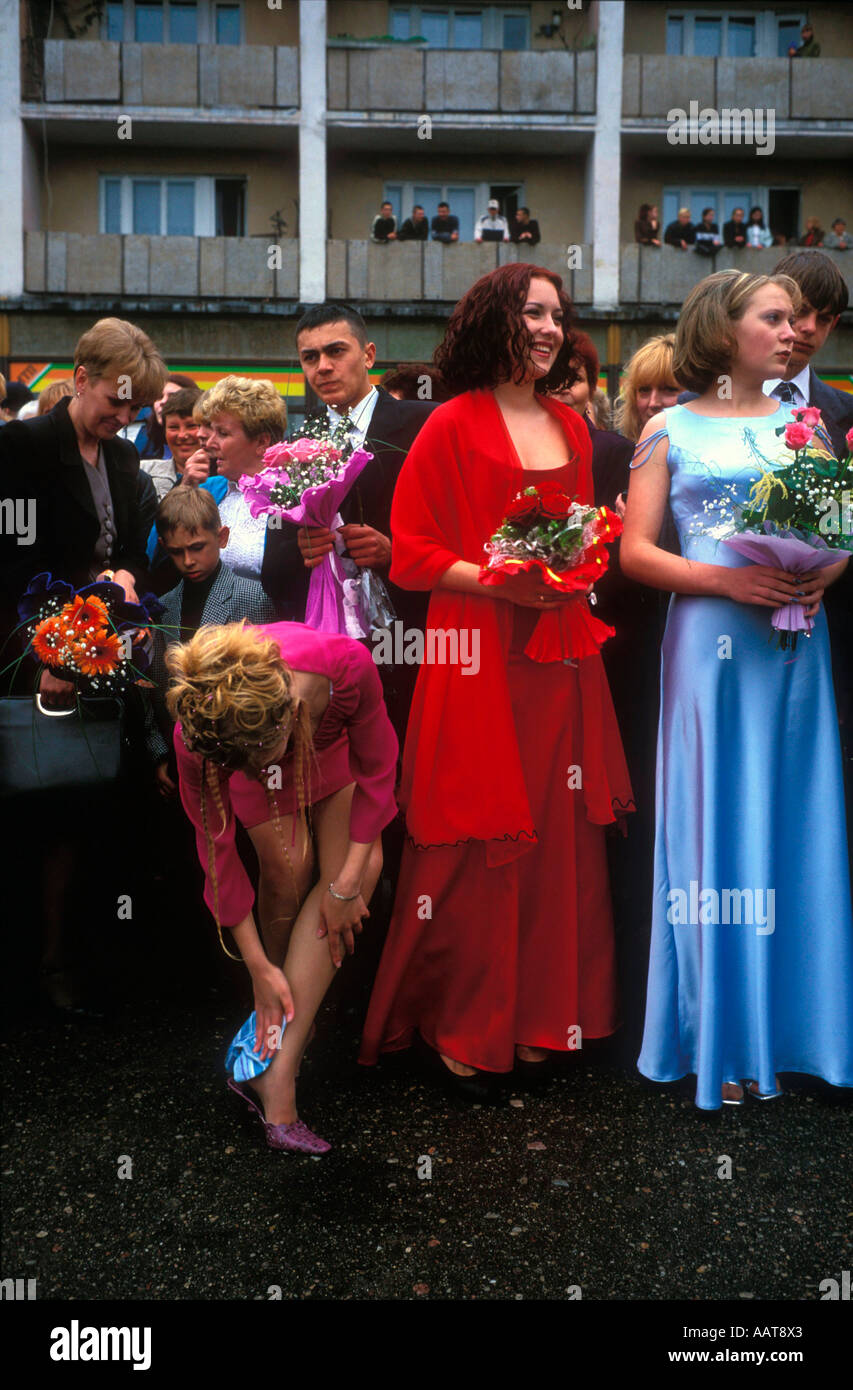 School leavers at their high school graduation ceremonyin the town square of Gvardeisk Kaliningrad Stock Photo