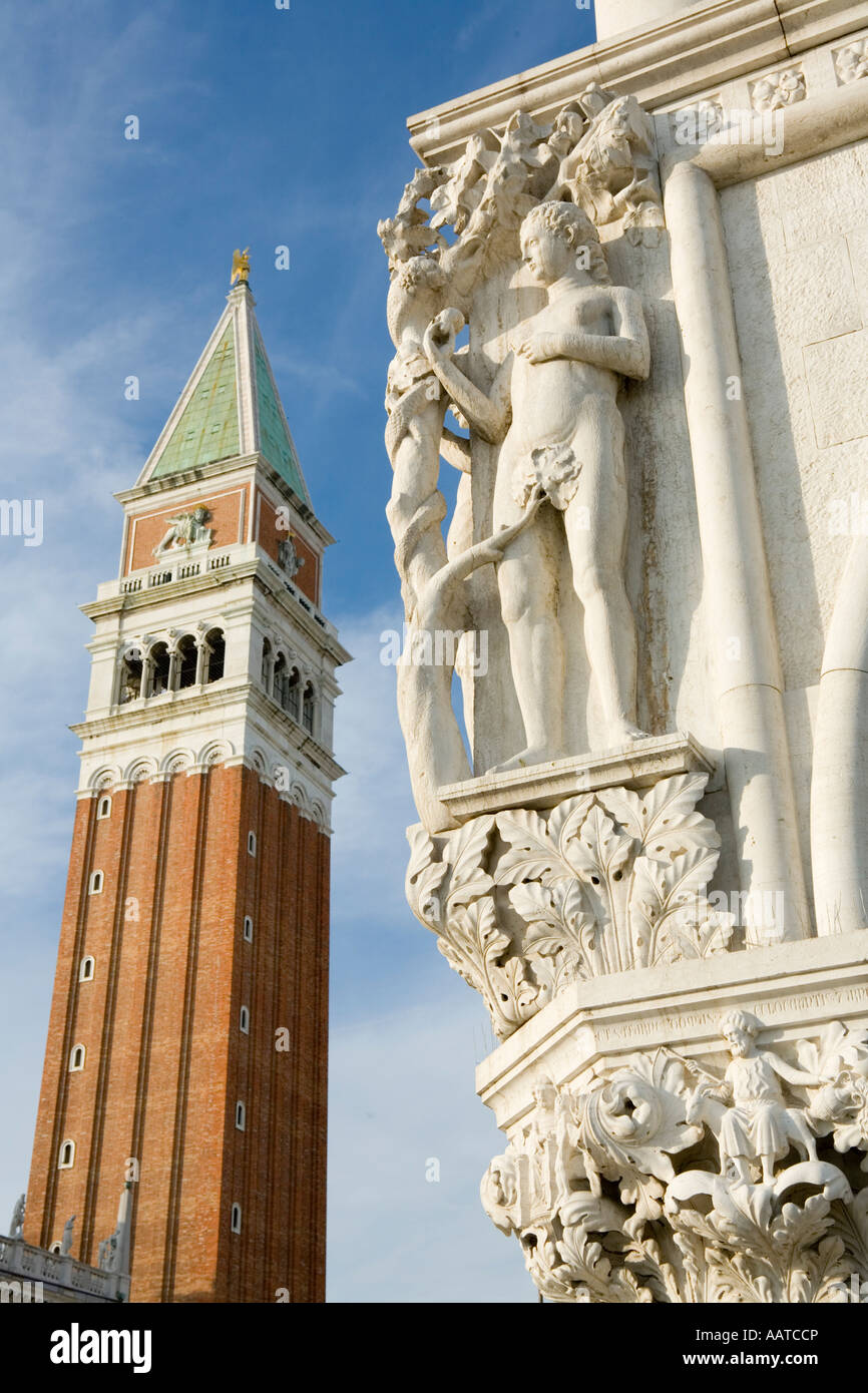 Venice Italy The statue of Adam and Eve on the corner of the Palazzo
