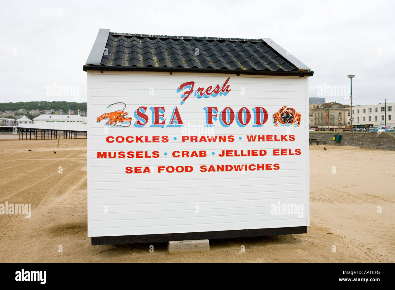 Weston Super Mare Somerset UK seafront Fresh Seafood hut with cockles
