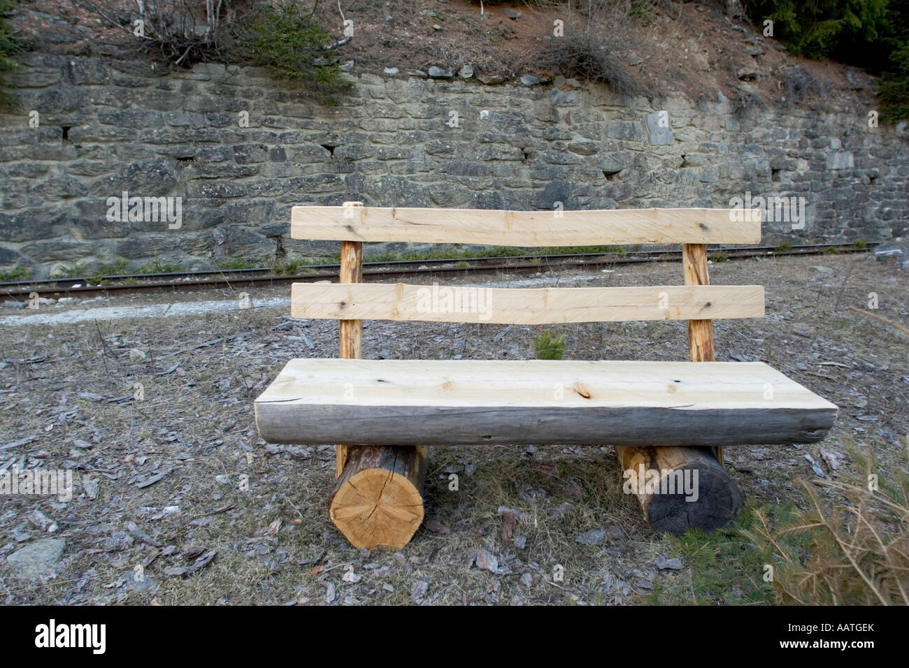 Timber Bench Seating Next To Railway Line Alto Adige Italy Stock