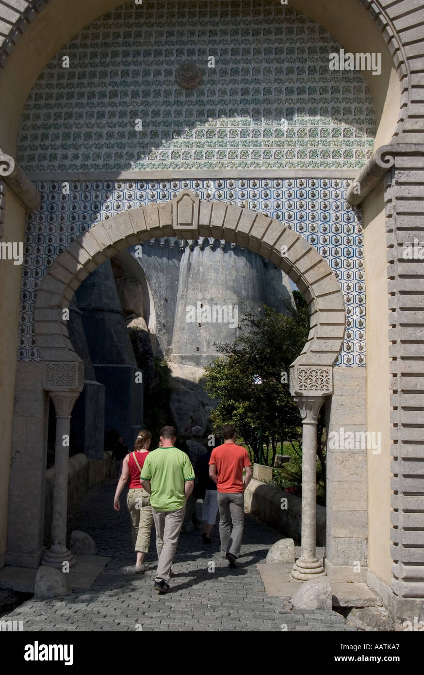 Tourists walk through Moorish arch at entrance to Pene Palace in Sintra  Portugal Stock Photo - Alamy