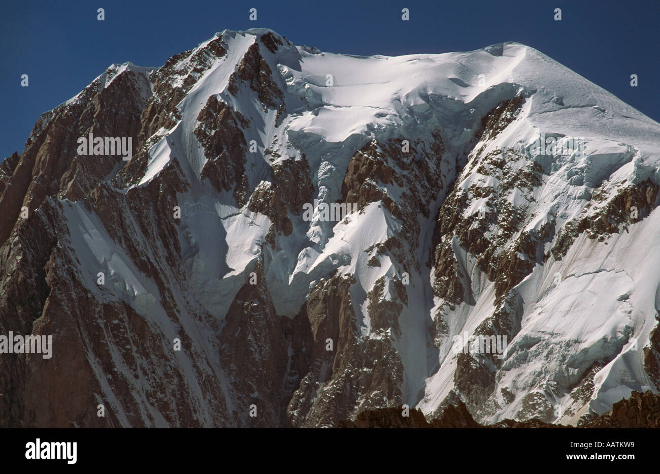 A telephoto view of the summit of Mont Blanc taken from Pointe Helbronner Italy Stock Photo