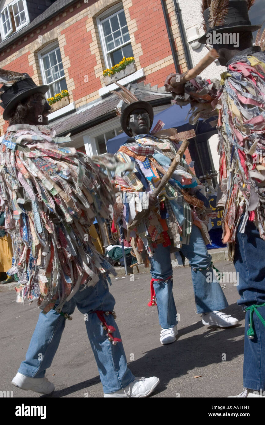 Bedlam Morris dancers perform on the Bank Holiday Monday at the Green Man festival in Clun, South Shropshire. Stock Photo