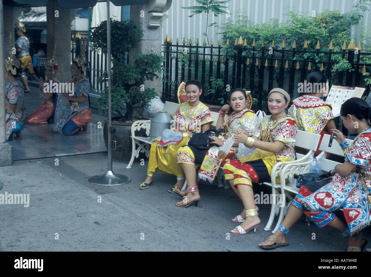 Erawan Shrine Dancers Awaiting Shift Change Bangkok Thailand Stock