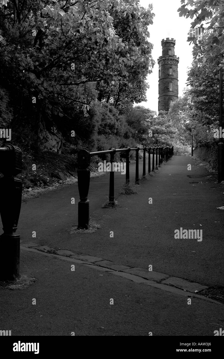 Monochrome view looking up the walkway of Calton Hill Edinburgh towards Nelsons monument Stock Photo