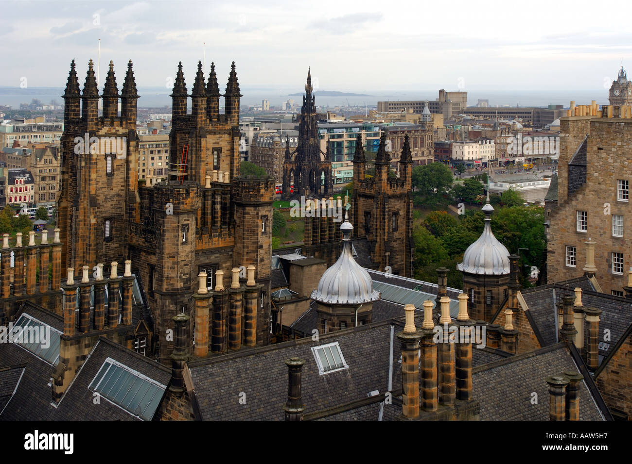 View over the rooftops and chimneys of Edinburgh city from the Camera