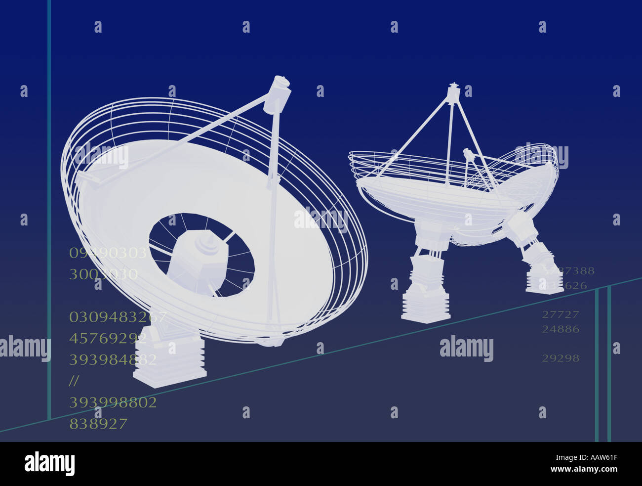3d model of 3 ground satellites communicating data Stock Photo Alamy