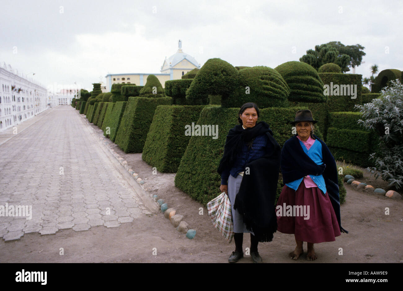 Cemetery at Tulcan, Colombia near the border with Ecuador, Ecuadorian Indians and topiary hedges Stock Photo
