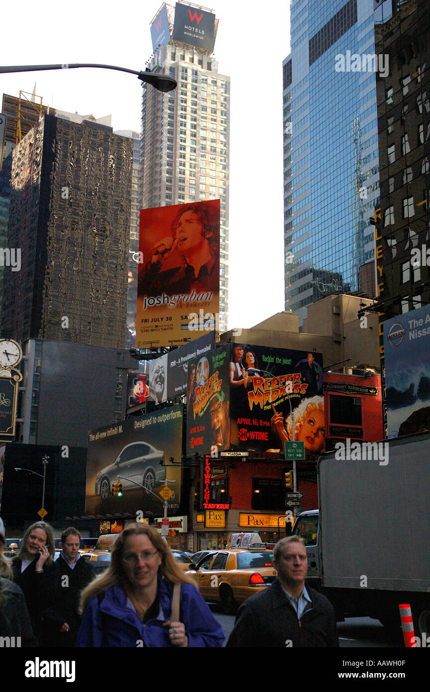 New York City buildings billboards traffic and pedestrians photographed ...