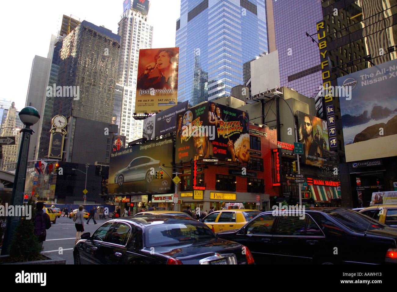 New York City buildings billboards traffic and pedestrians photographed ...