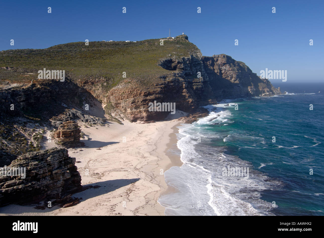View of Cape Point, Cape Maclear and Diaz Beach in the Cape Point Nature Reserve in South Africa. Stock Photo
