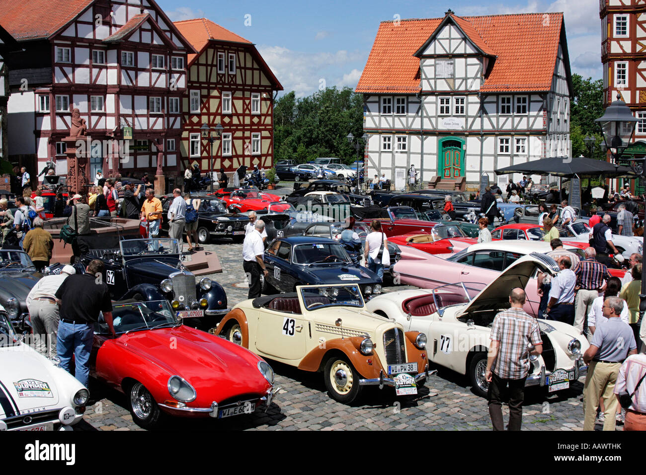 Numerous vintage cars, market square, Hessenpark, rallye Wiesbaden 2007, Hesse, Germany Stock Photo