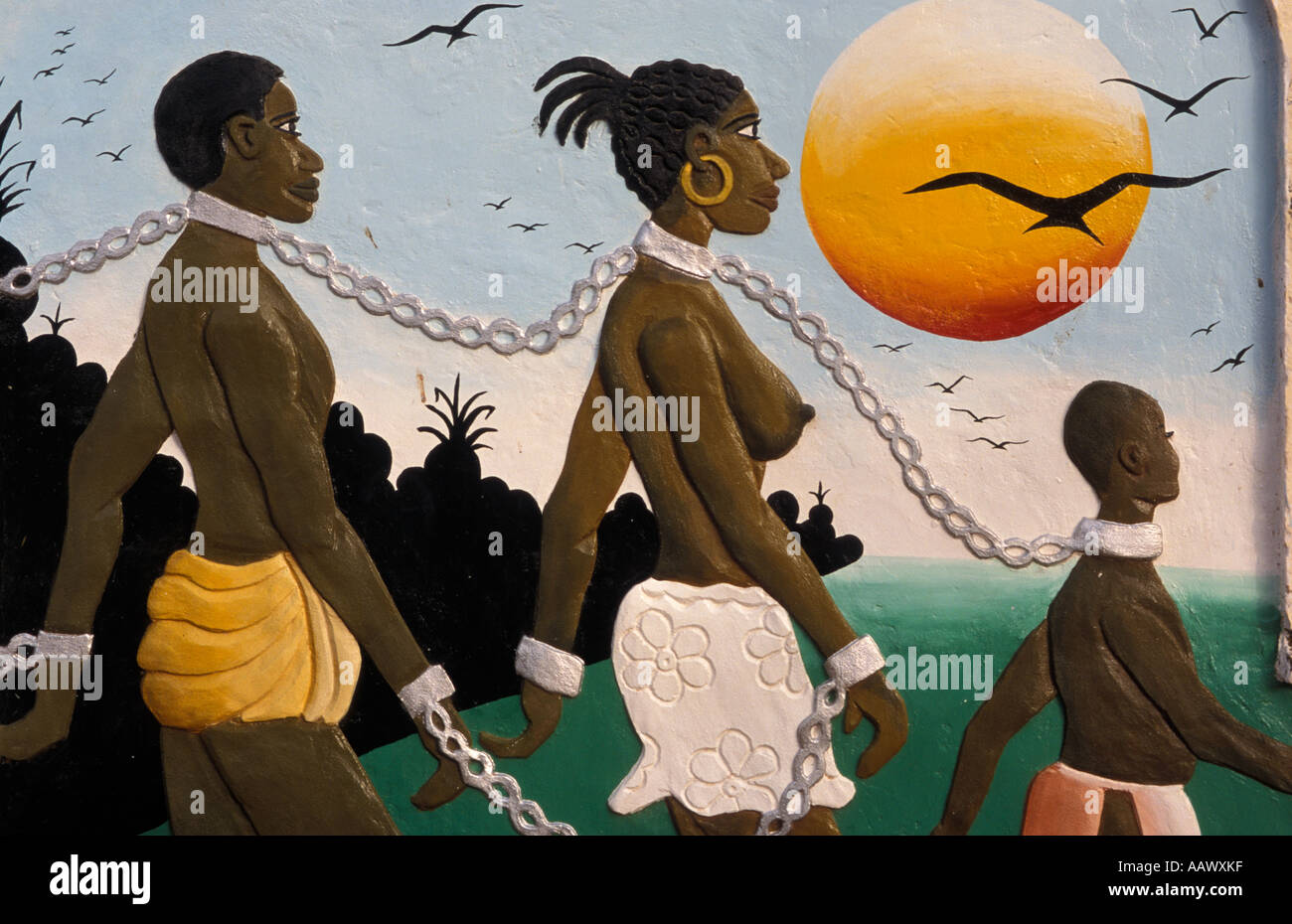 Fresco depicting the slave trade at the museum in Juffureh village