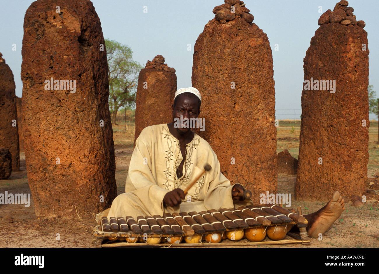 Xylophonist at the Wassu stone circles dating from 500 to 1000 AD, Wassu, the Gambia Stock Photo