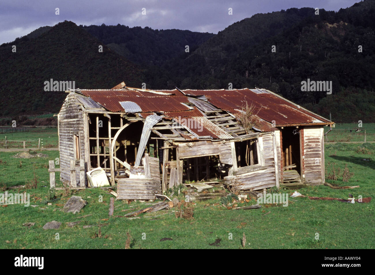 Dilapidated farm shed falling down Highway 7 between Greymouth and Reefton West Coast New Zealand Stock Photo