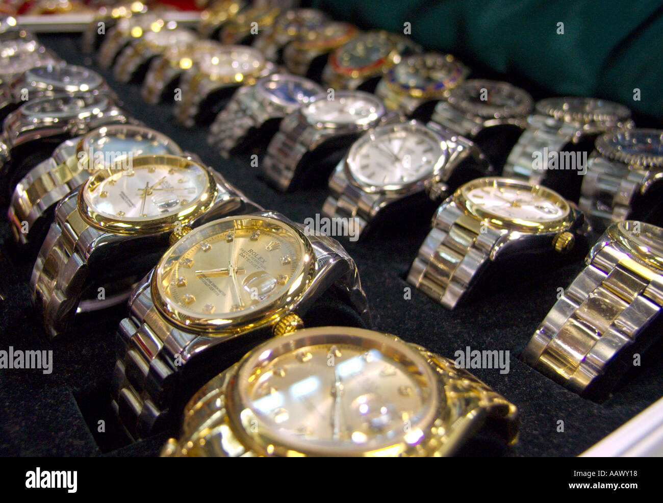 Fake luxury Rolex watches on display in 