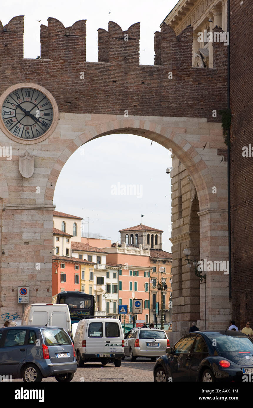 The southern entrance to Piazza Bra Verona Italy through the medieval wall gates Stock Photo