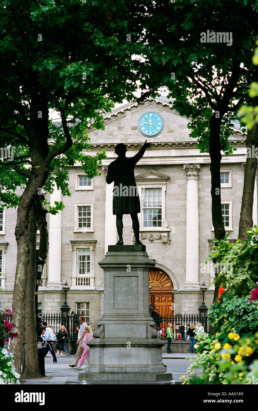 The bronze statue of Henry Grattan facing the front gate of Trinity College Dublin Ireland Stock Photo