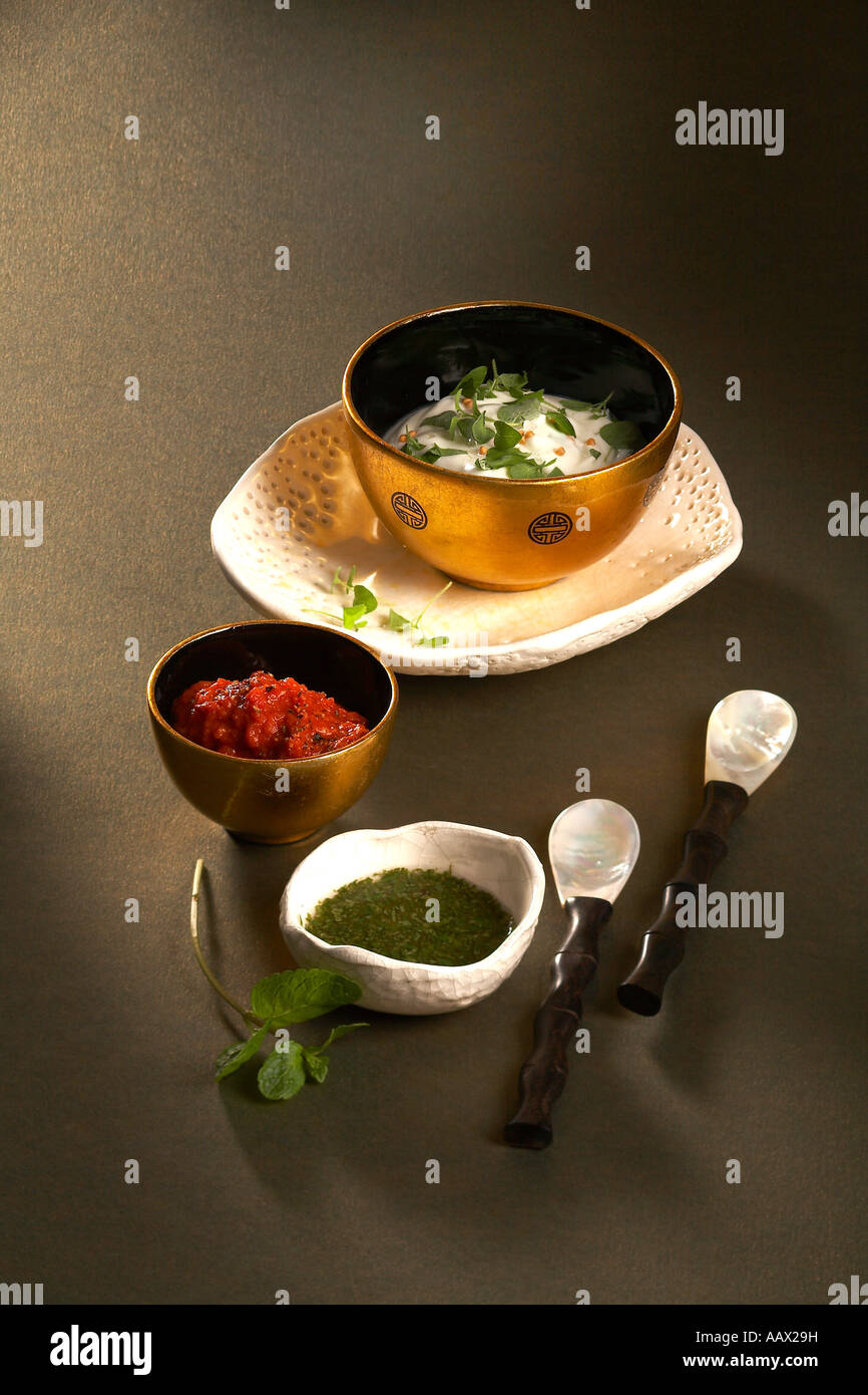 Various Sauces to Meat Fondue Stock Photo Alamy