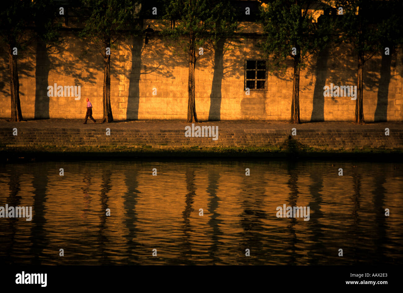 Paris Trees and shadow reflections on the Seine with man walking at ...