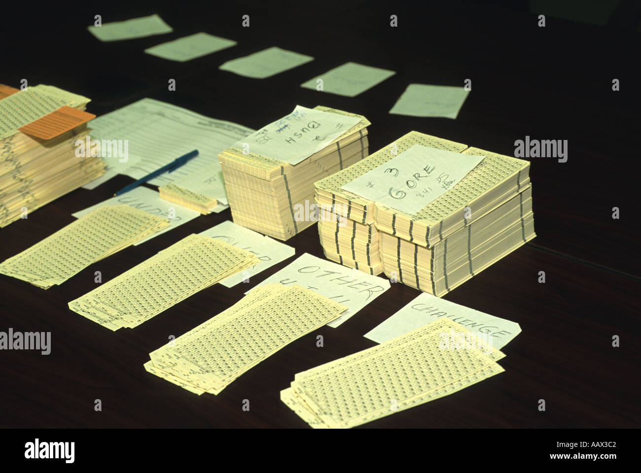 Florida Fort Lauderdale Recounted ballots stacked during the 2000 US presidential elections  Stock Photo