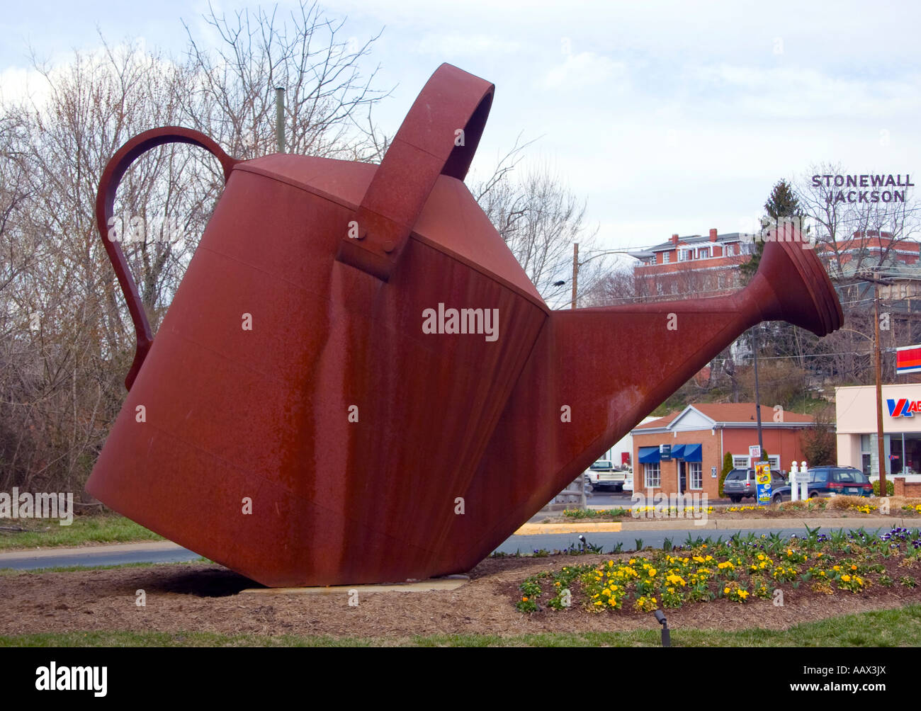 Giant Watering Can at an intersection in Staunton Virginia Stock Photo