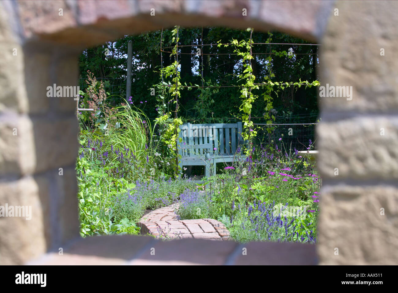 view through hole in wall into vegetable garden with wooden seat Stock Photo