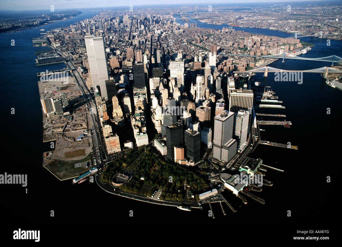 Aerial of Manhattan Island New York City pre 911 Stock Photo 12715647