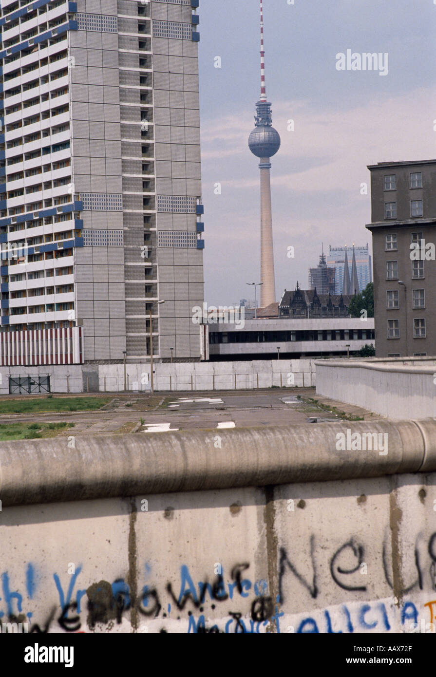 European History. Historical Berlin Wall no mans land Death Strip and the  television tower in West Berlin in Germany in Europe during the Cold War  Stock Photo - Alamy