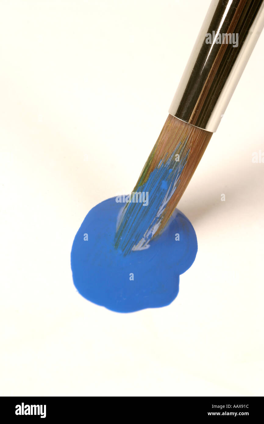 Paint brush and blue paint on a white background Stock Photo - Alamy