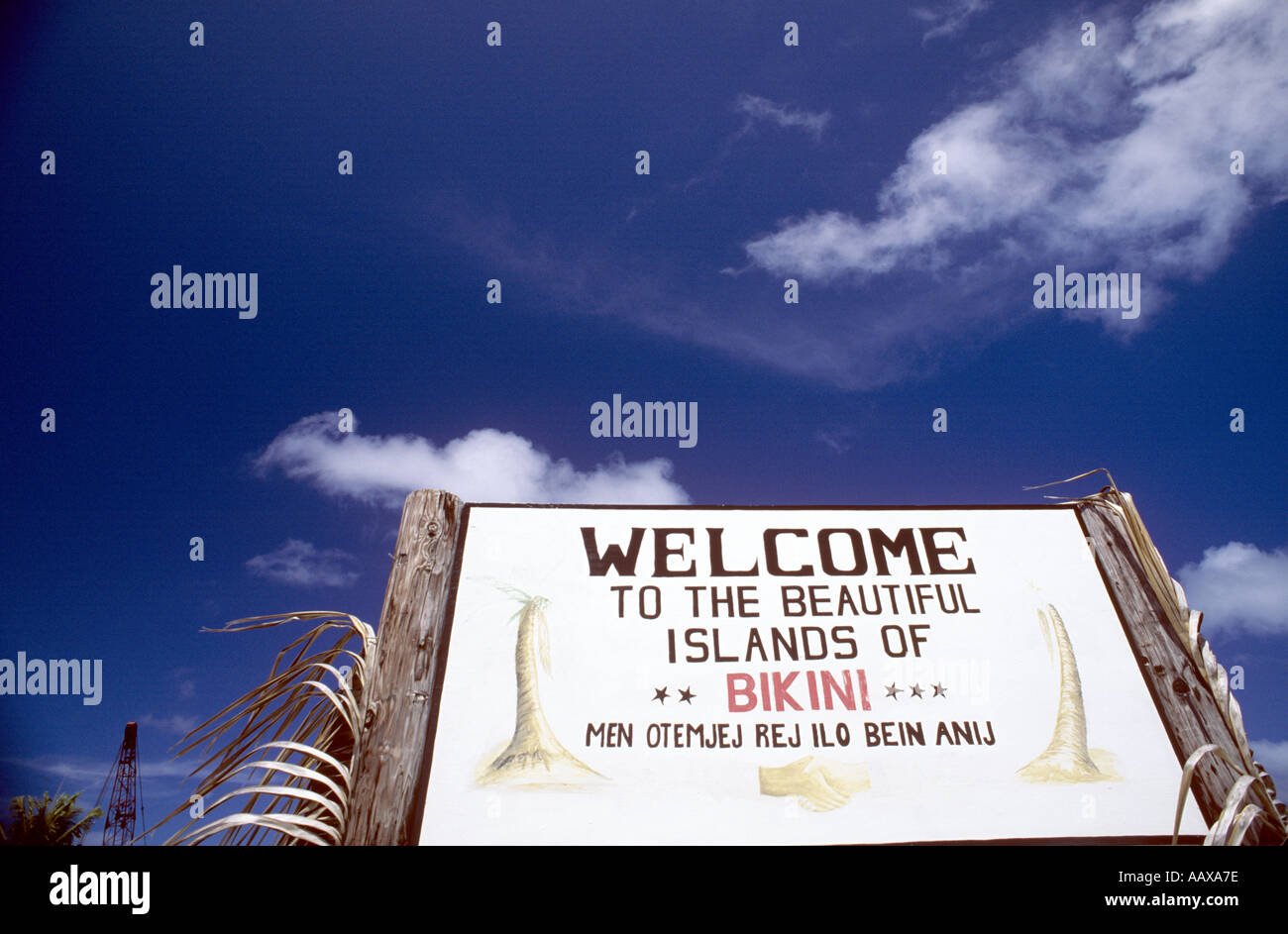 Welcome to Bikini Atoll sign on Bikini Island Stock Photo