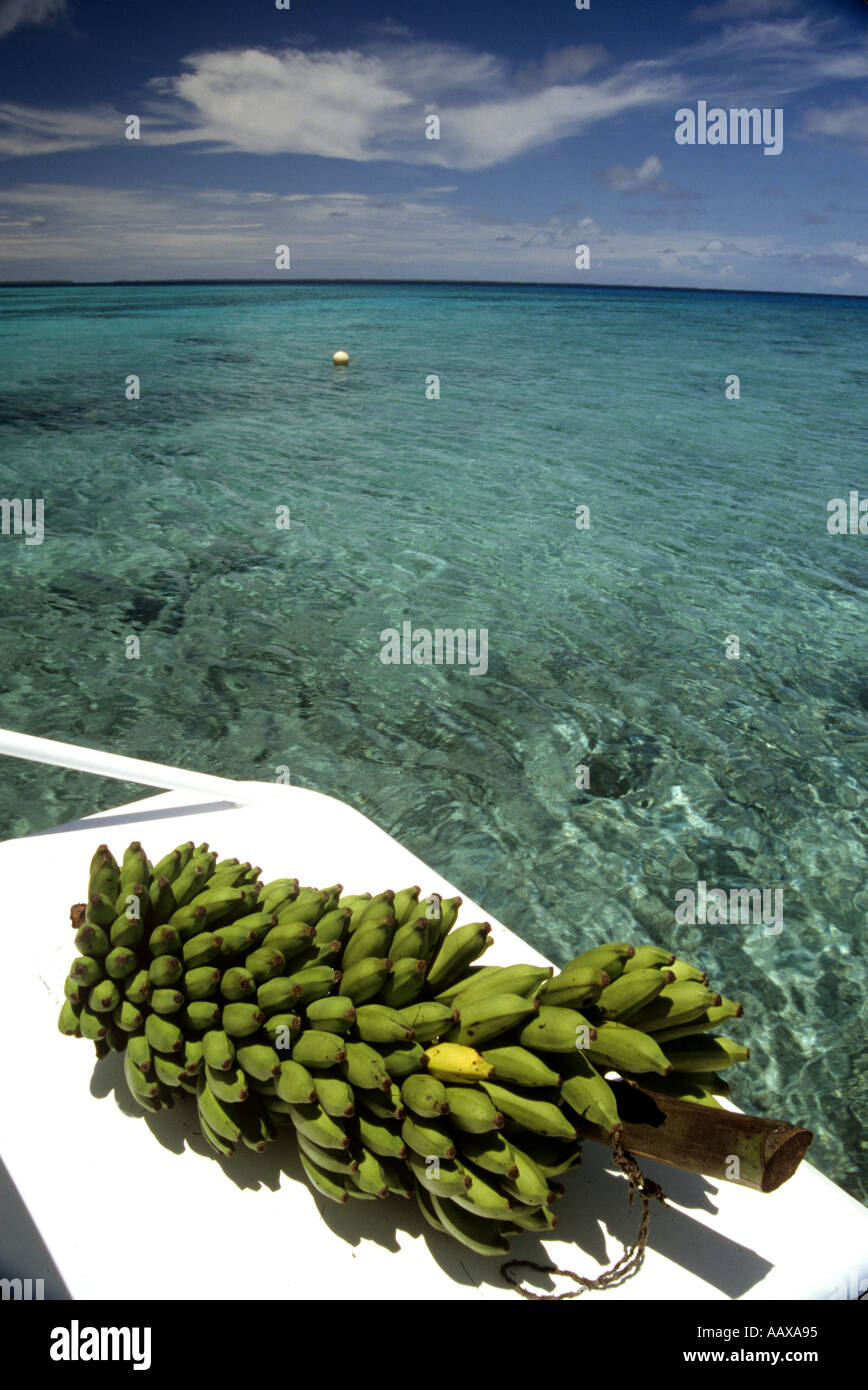 fresh green bananas on dive boat over tropical sea Stock Photo